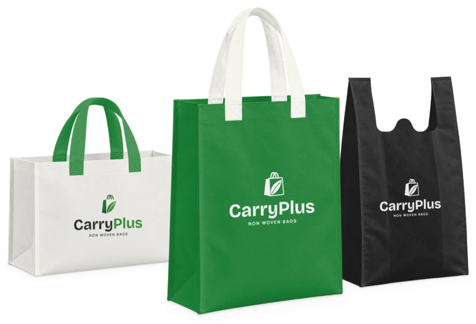 Three non woven bags printed with the CarryPlus logo: a white box bag with green handles, a green loop handle bag and a black W cut bag