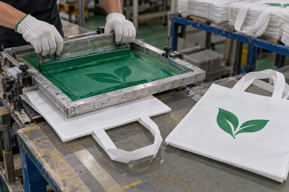 A gloved printer pulls green ink across a screen onto a white non woven bag, beside a finished bag printed with a green leaf logo
