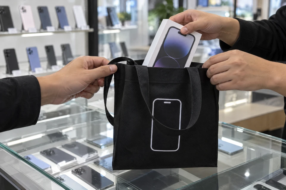 A new phone box goes into a black non woven bag at a mobile shop counter